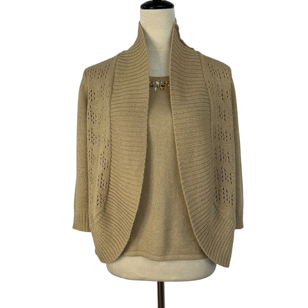 Laura Scott Petite Sweater Embellished Gold Knit Cardigan Women's Small Petite